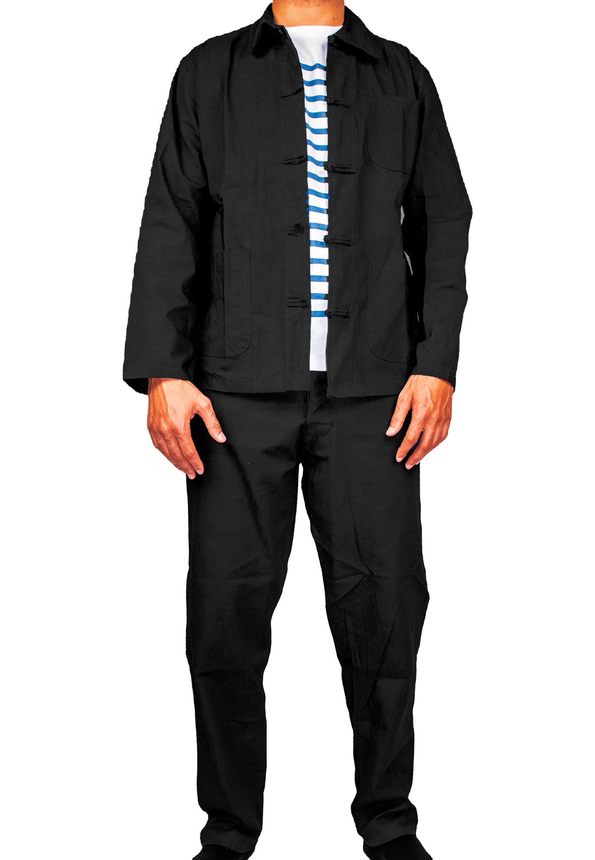 Tenue bleu de chine authentique, veste et pantalon en coton
