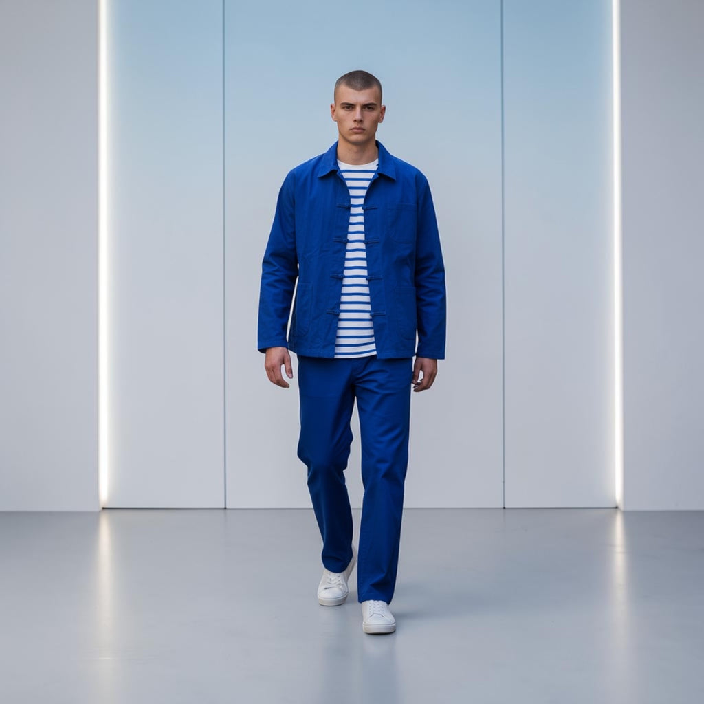 Bleu de Chine Shanghai, ensemble veste col Claudine et pantalon assorti