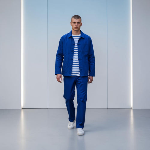 Bleu de Chine Shanghai, ensemble veste col Claudine et pantalon assorti